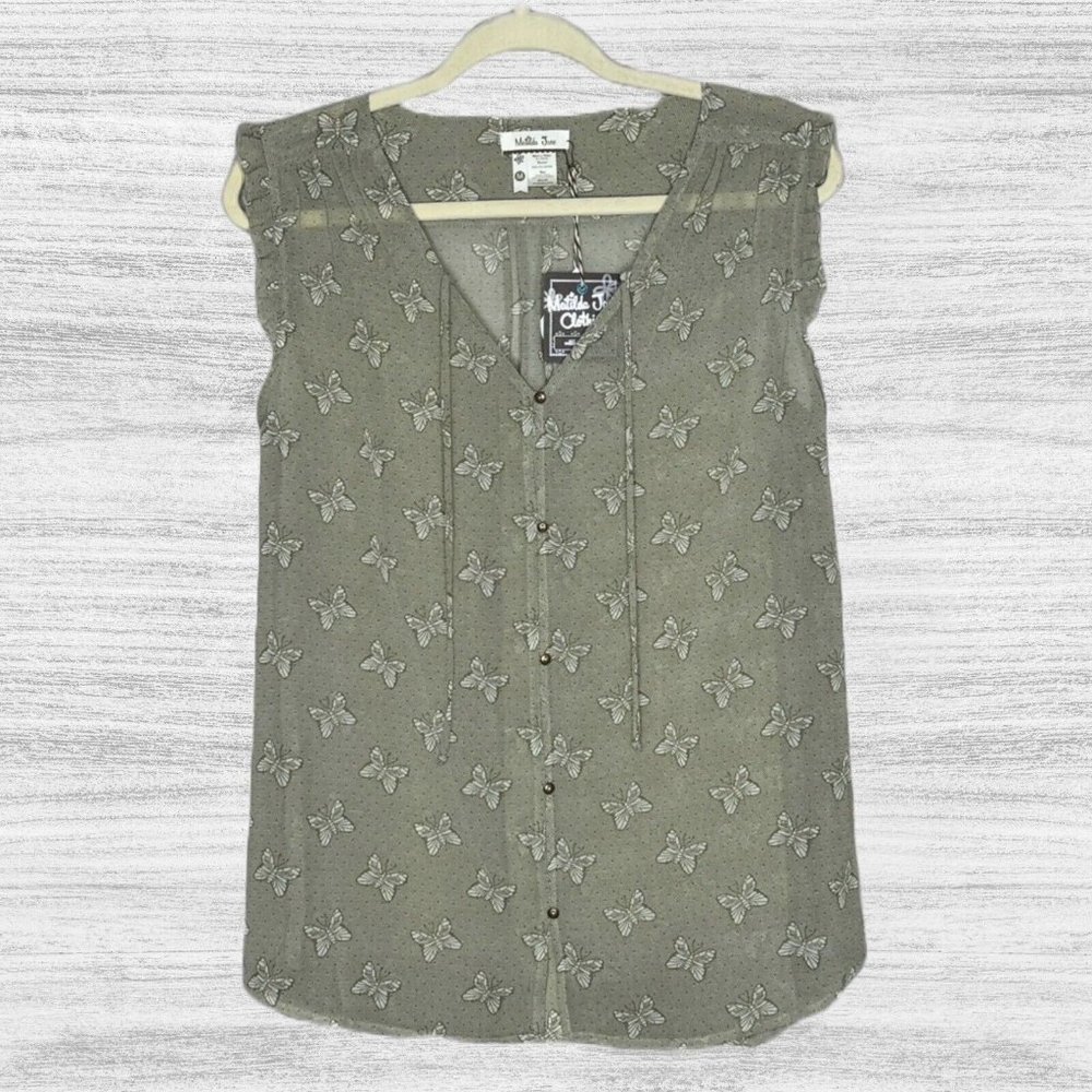 Matilda Jane Womens Top Blouse Size Medium Green Butterfly Sheer NWT A9